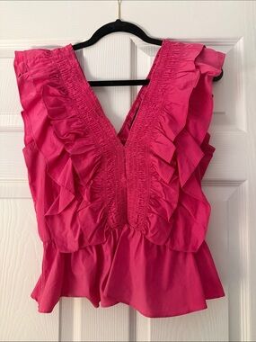 Ruffled V-Neck Peplum Blouse in Hot Pink